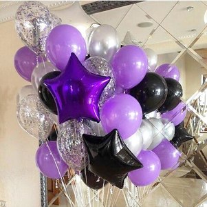 фиолетовые и черные звезды с шарами конфетти